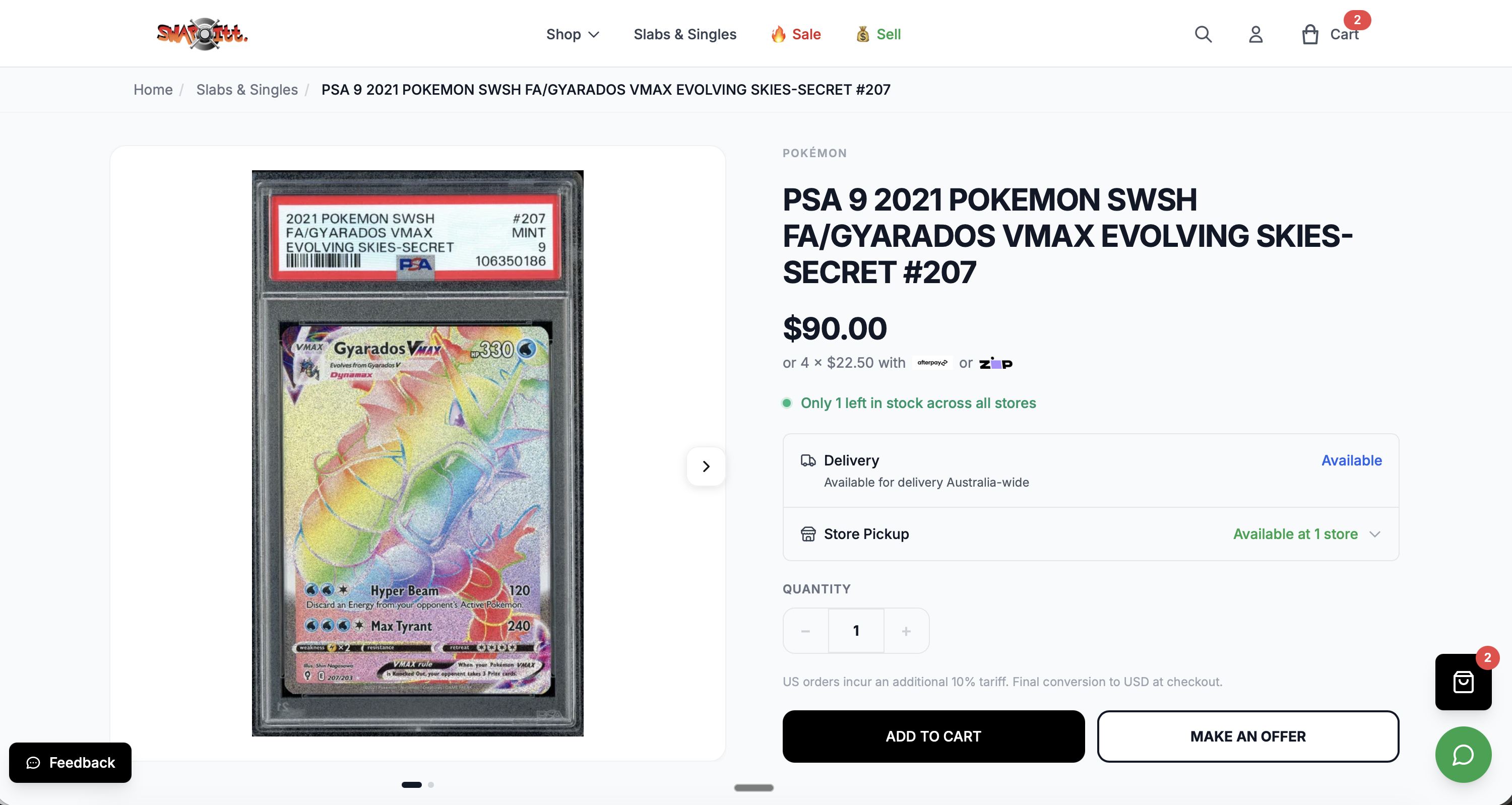 Swapitt product detail page showing a PSA graded slab with Make an Offer button and store pickup options